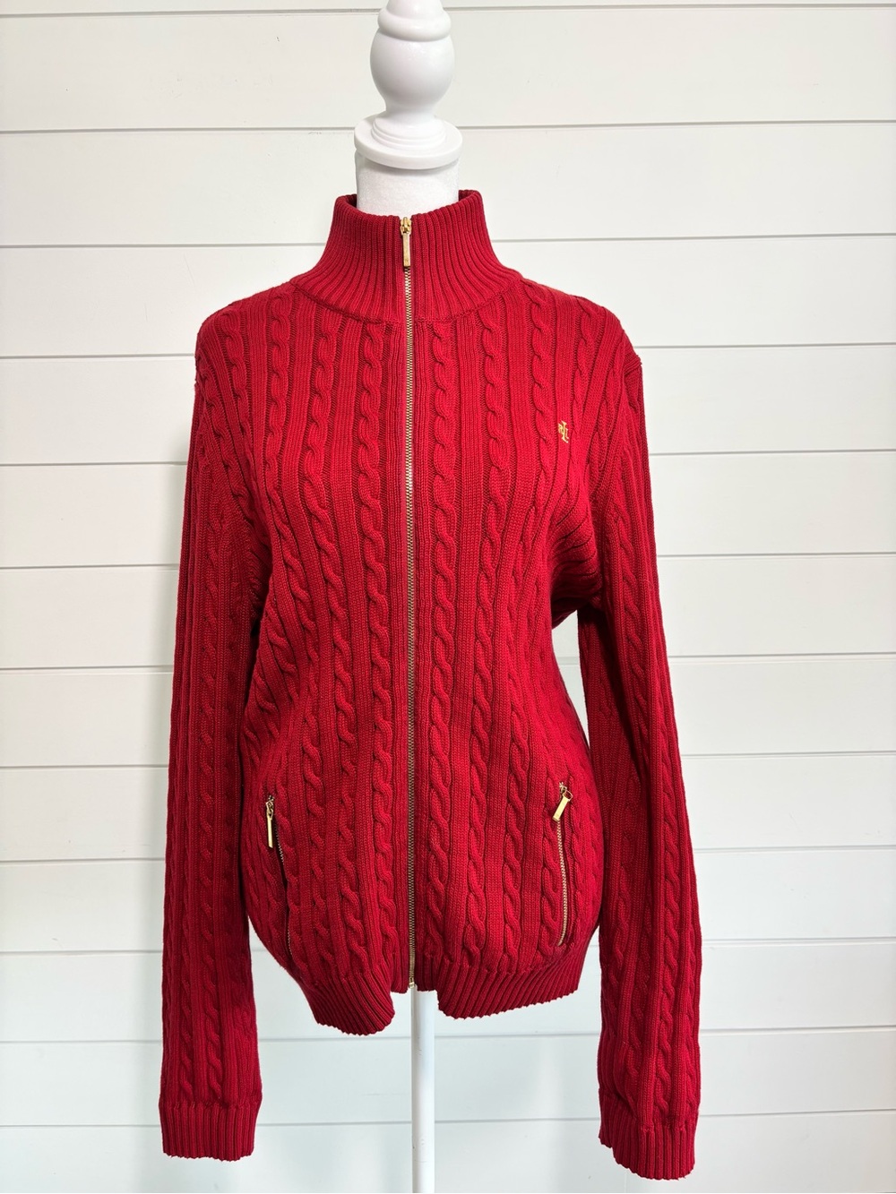 Ralph Lauren Y2K Red Cable-Knit Cotton Zip Cardigan with Gold Accents size L